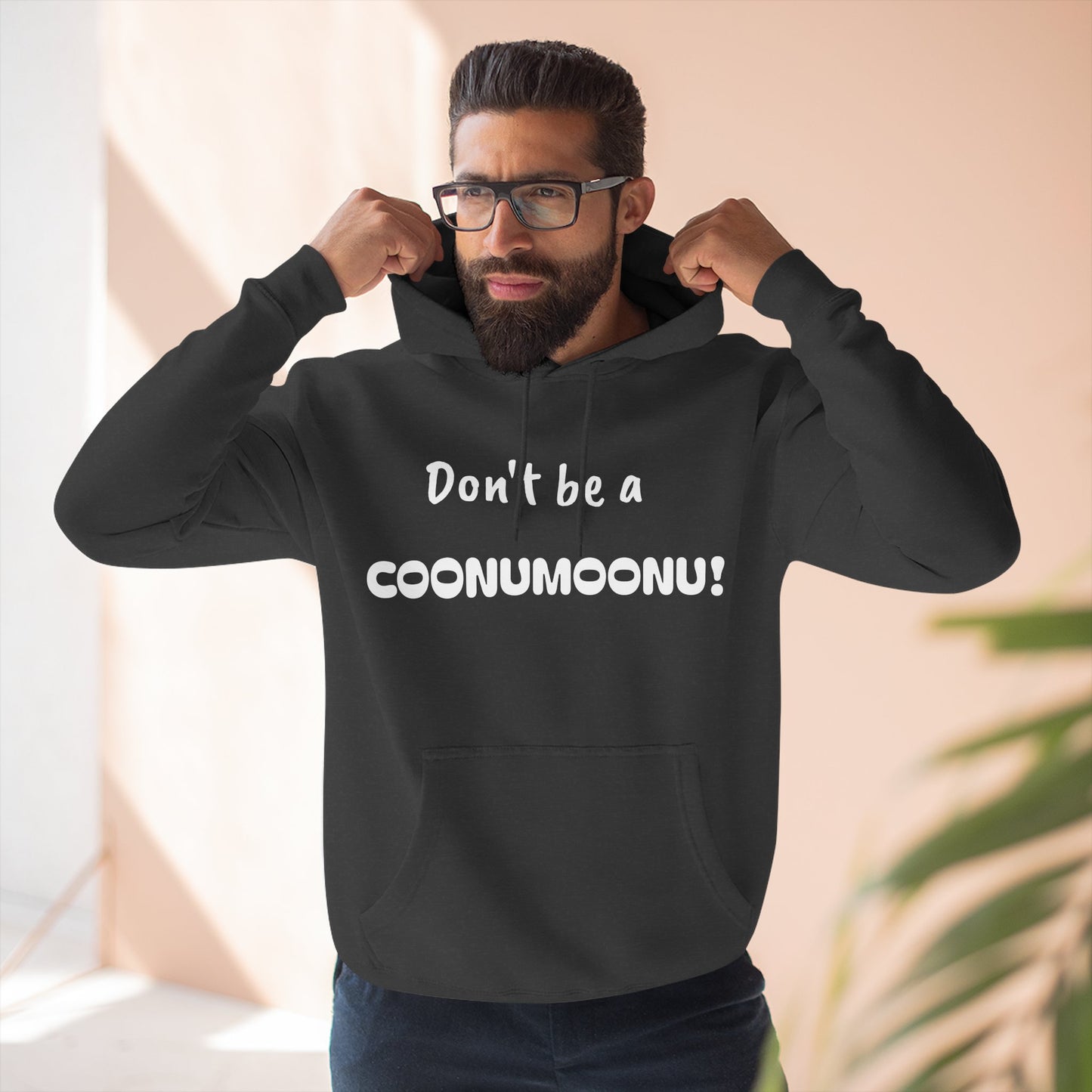 Playful Fleece Hoodie with Witty Text - Coonumoonu!