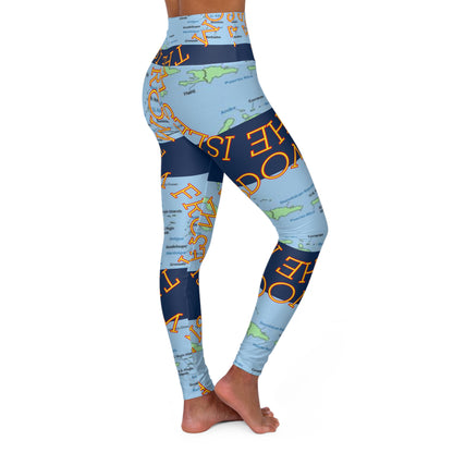 WFTI Island Map High-Waisted Yoga Leggings — All Over Travel Print