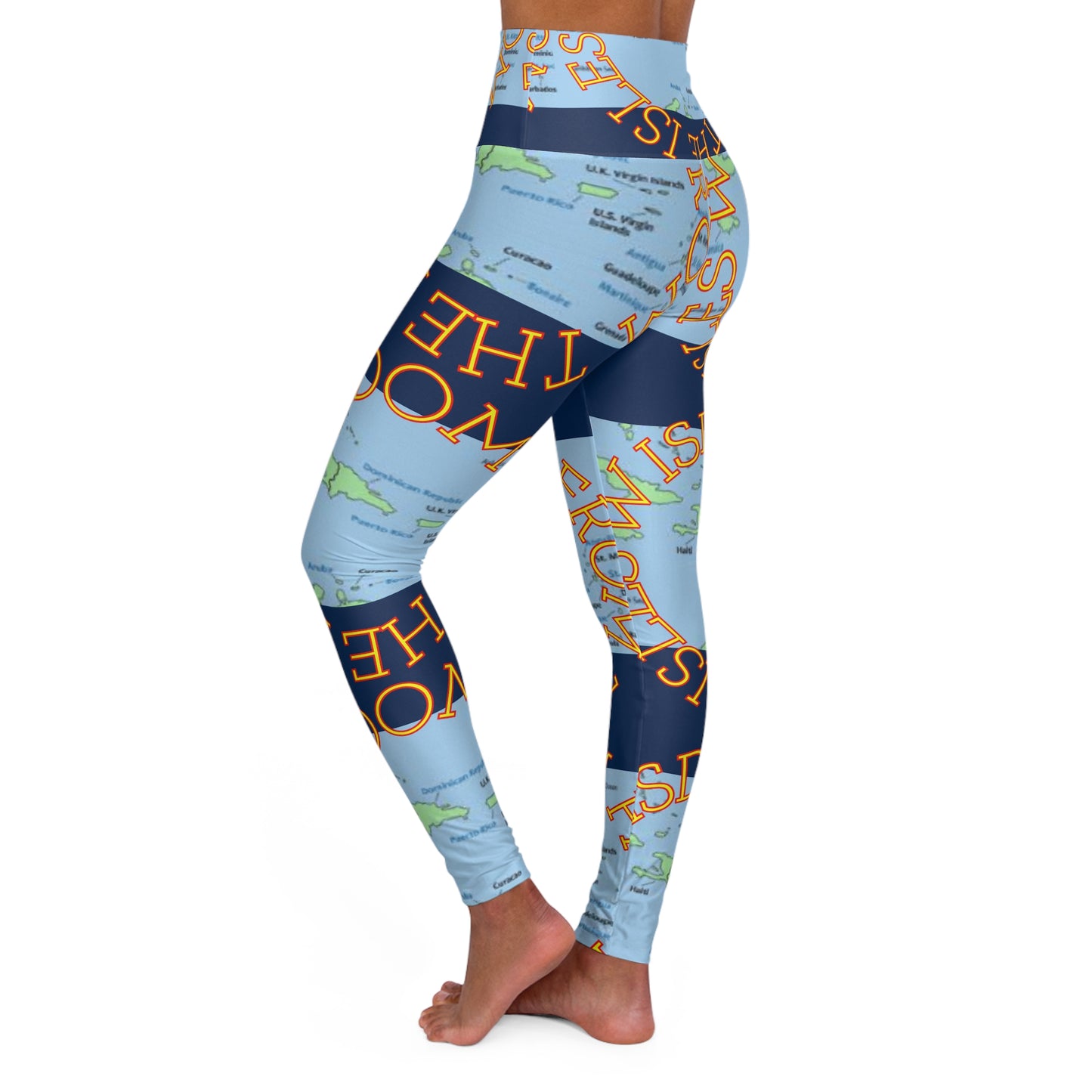 WFTI Island Map High-Waisted Yoga Leggings — All Over Travel Print