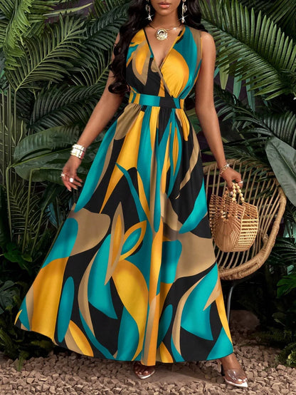 Women's sleeveless V-neck abstract prints - fashionable beach and casual occasions