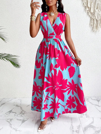 Women's sleeveless V-neck abstract prints - fashionable beach and casual occasions