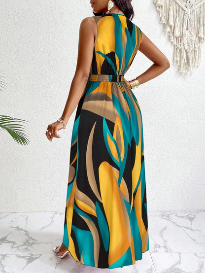 Women's sleeveless V-neck abstract prints - fashionable beach and casual occasions