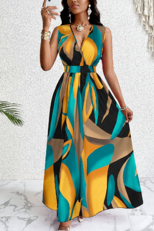 Women's sleeveless V-neck abstract prints - fashionable beach and casual occasions